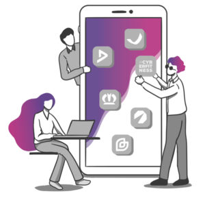 Illustration von Menschen die vor einem großen Phone stehen und Apps darauf platzieren