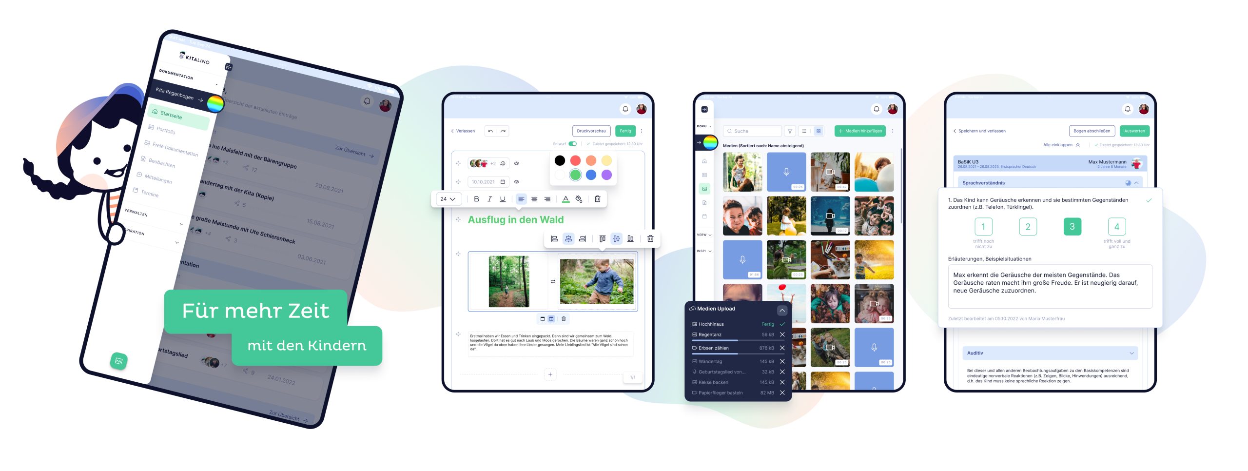 Verschiedene Ansichten der 'Kitalino'-App auf Tablets. Die Bildschirme zeigen Funktionen wie Dokumentation von Aktivitäten in einer Kita, das Erstellen von Berichten mit Fotos und Notizen, einen Medien-Upload-Bereich sowie Bewertungsformulare. Die App betont benutzerfreundliche Funktionen zur Förderung der Kinderentwicklung und zeigt den Slogan 'Für mehr Zeit mit den Kindern'.