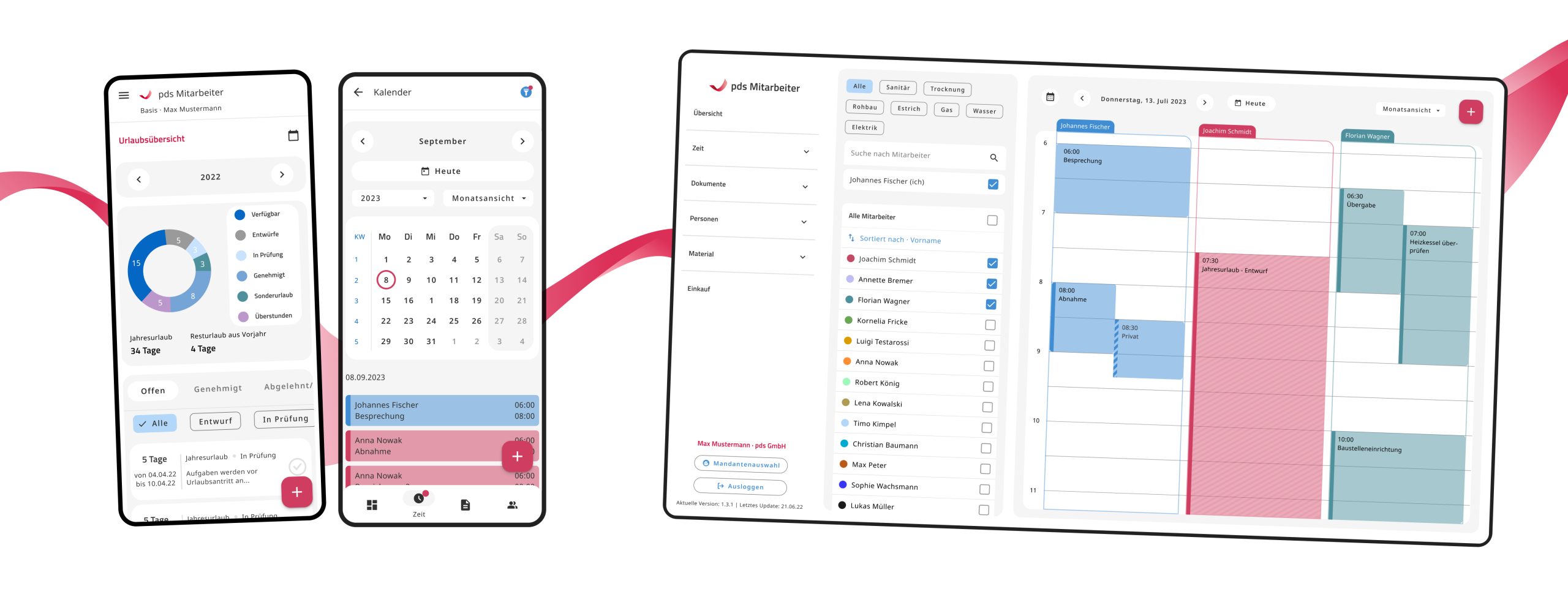 Mobile App und Desktop-Oberfläche einer Kalender- und Urlaubsverwaltung. Die mobile App zeigt eine Urlaubsübersicht mit farbcodierten Status wie Verfügbar, Entwürfe, Genehmigt und Überstunden. Es gibt einen Kalender mit genehmigten und in Prüfung befindlichen Urlaubstagen. Auf der Desktop-Oberfläche sind die Mitarbeiter und deren Aufgaben sowie Termine farblich codiert und nach Datum und Uhrzeit im Tageskalender sortiert.