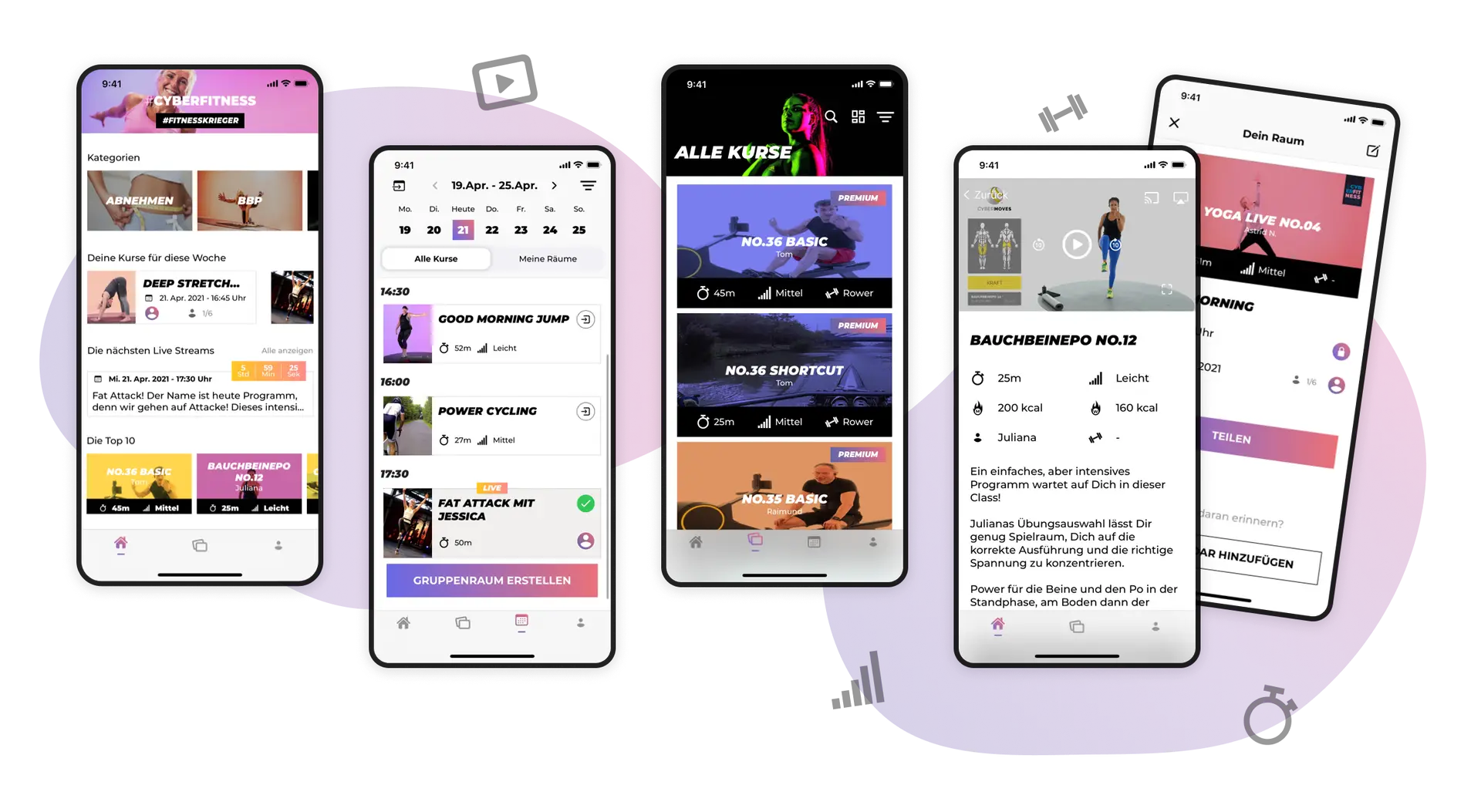 Mehrere Smartphone-Ansichten einer Cyberfitness-App. Die Ansichten zeigen verschiedene Kategorien wie Abnehmen und Bauch-Beine-Po, eine Kursübersicht mit anstehenden Live-Streams, sowie detaillierte Kursansichten für 'BauchBeinePo No.12', 'Yoga Live No.04' und 'Fat Attack mit Jessica'. Die Bildschirme enthalten Informationen zu Kursdauer, Schwierigkeitsgrad und Kalorienverbrauch. Symbole für Fitness-Tracking und Kalenderintegration sind im Hintergrund platziert.