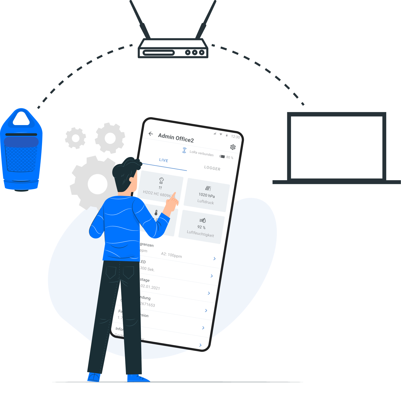 Illustration eines Mannes, der auf ein großes Smartphone zeigt, das eine Dräger X-node-App mit Umweltdaten wie Luftdruck und Luftfeuchtigkeit anzeigt. Über dem Smartphone sind ein Router und ein Laptop durch gestrichelte Linien mit dem Gerät verbunden, was die Datenübertragung symbolisiert. Links ist ein blaues tragbares Sensorgerät abgebildet.