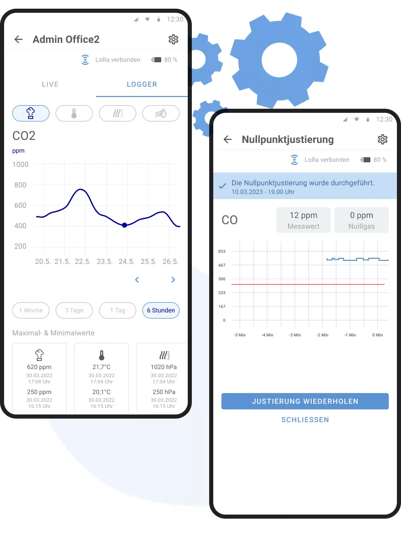 Zwei Smartphone-Ansichten einer Dräger X-node-App. Die linke Ansicht zeigt eine CO2-Messung über mehrere Tage in einem Diagramm, mit Optionen zur Anzeige der Daten über unterschiedliche Zeiträume (z. B. 1 Woche, 3 Tage, 6 Stunden). Die rechte Ansicht zeigt eine Nullpunktjustierung für CO-Messungen, bei der ein Messwert und ein Nullgaswert angezeigt werden. Beide Ansichten zeigen den Verbindungsstatus über LoRa und einen Batteriestand.