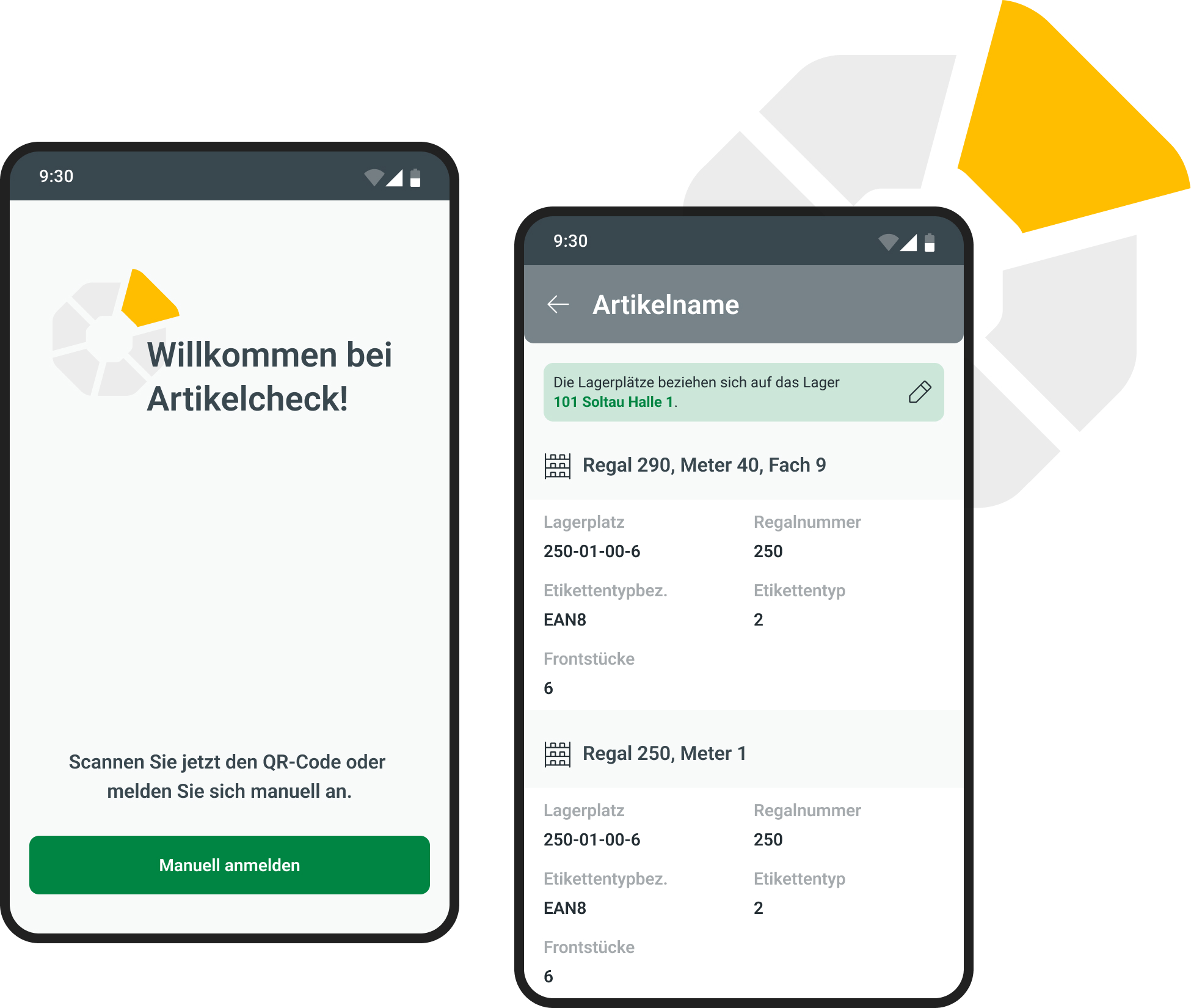Zwei Smartphone-Ansichten einer Lagerverwaltung-App. Die linke Ansicht zeigt einen Begrüßungsbildschirm mit der Aufforderung, sich durch Scannen eines QR-Codes oder manuell anzumelden, begleitet von einem Logo in Grau und Gelb. Die rechte Ansicht zeigt Details zu Lagerplätzen für einen Artikel, einschließlich Regalnummer, Lagerplatz, Etikettentyp und Anzahl der Frontstücke. Im Hintergrund ist ein Teil des Logos vergrößert dargestellt.