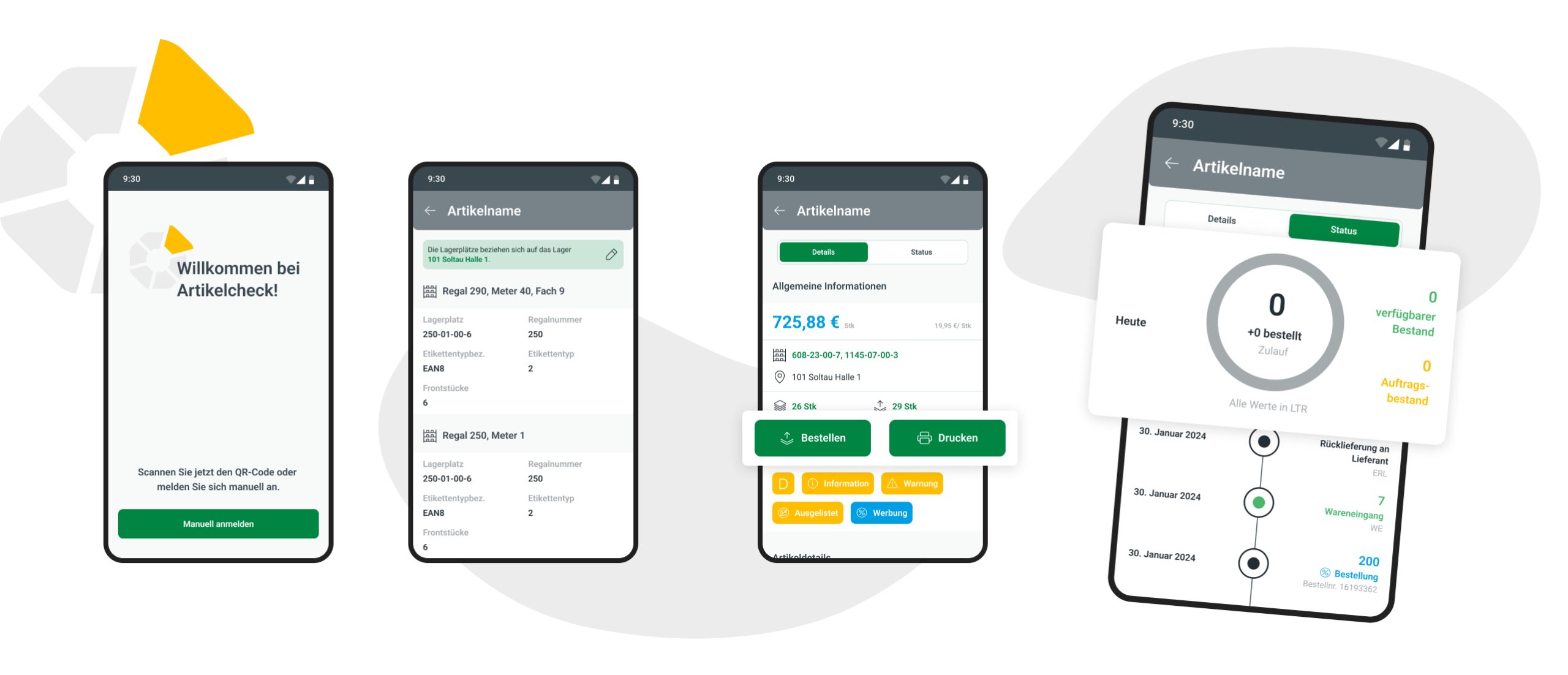 Mehrere Smartphone-Ansichten einer Lagerverwaltungs-App. Die erste Ansicht zeigt den Begrüßungsbildschirm mit der Aufforderung zur Anmeldung. Die zweite Ansicht zeigt die Details eines Artikels mit Lagerplatzinformationen. Die dritte Ansicht zeigt die Artikelübersicht mit Preis, Lagerbestand und Optionen zum Bestellen oder Drucken. Die letzte Ansicht zeigt den Bestellstatus eines Artikels mit einem Überblick über den verfügbaren und bestellten Bestand. Oben links ist ein gelb-graues Logo zu sehen.