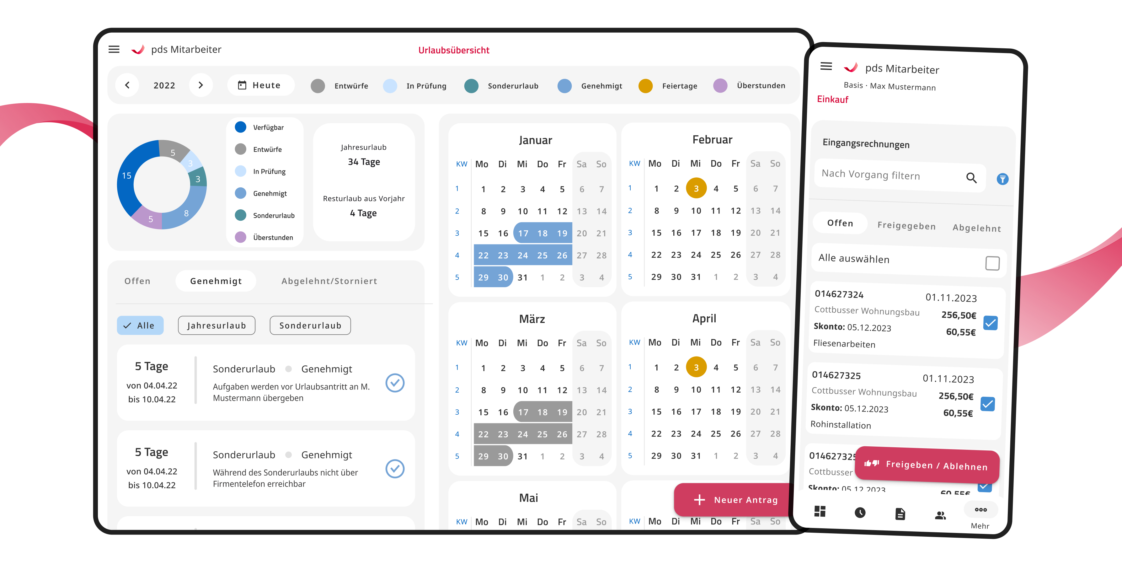Eine Benutzeroberfläche einer mobilen App zur Verwaltung von Urlaubsanträgen und Eingangsrechnungen. Die Urlaubsübersicht zeigt genehmigte Sonderurlaube und verfügbare Tage für das Jahr 2022, mit einem farbcodierten Kalender. Eine andere Ansicht zeigt Eingangsrechnungen, die freigegeben oder abgelehnt werden können. Ein roter Button für die Freigabe oder Ablehnung ist sichtbar.