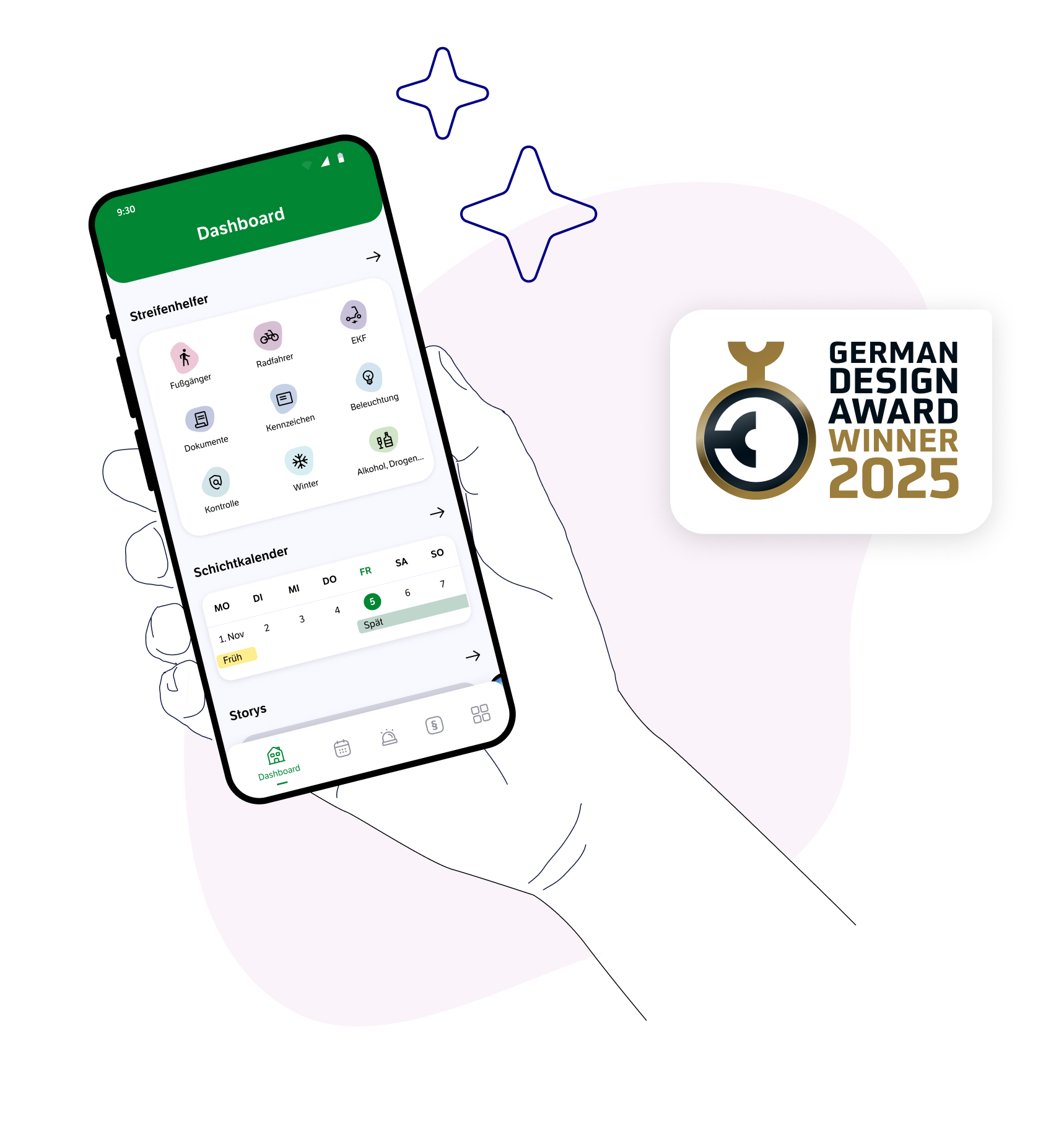 Illustration einer Hand, die ein Smartphone hält. Auf dem Display wird ein Dashboard einer App angezeigt, die verschiedene Funktionen wie Streifenhelfer und Schichtkalender bietet. Rechts neben dem Smartphone ist ein Logo des German Design Award 2025, das zeigt, dass die App einen Designpreis gewonnen hat.