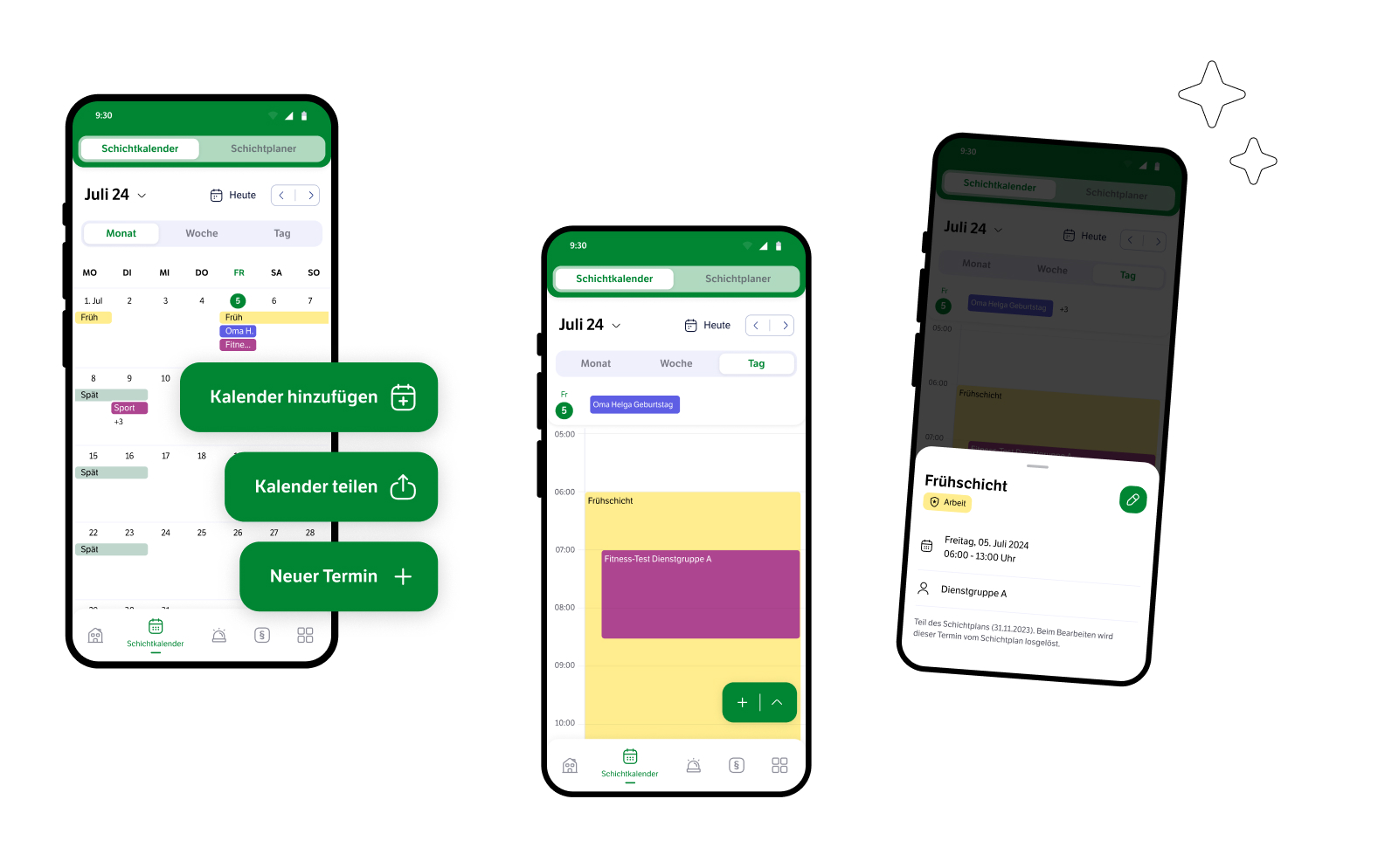 Drei Smartphone-Ansichten einer Kalender-App, die verschiedene Kalenderfunktionen zeigt. Der linke Bildschirm zeigt eine Monatsansicht mit der Option, Kalender hinzuzufügen, zu teilen oder einen neuen Termin zu erstellen. Der mittlere Bildschirm zeigt eine detaillierte Tagesansicht mit einem farblich markierten Termin und der rechten Bildschirm zeigt eine detaillierte Ansicht eines Frühschicht-Termins am 5. Juli 2024 mit Uhrzeit und Gruppenzugehörigkeit.