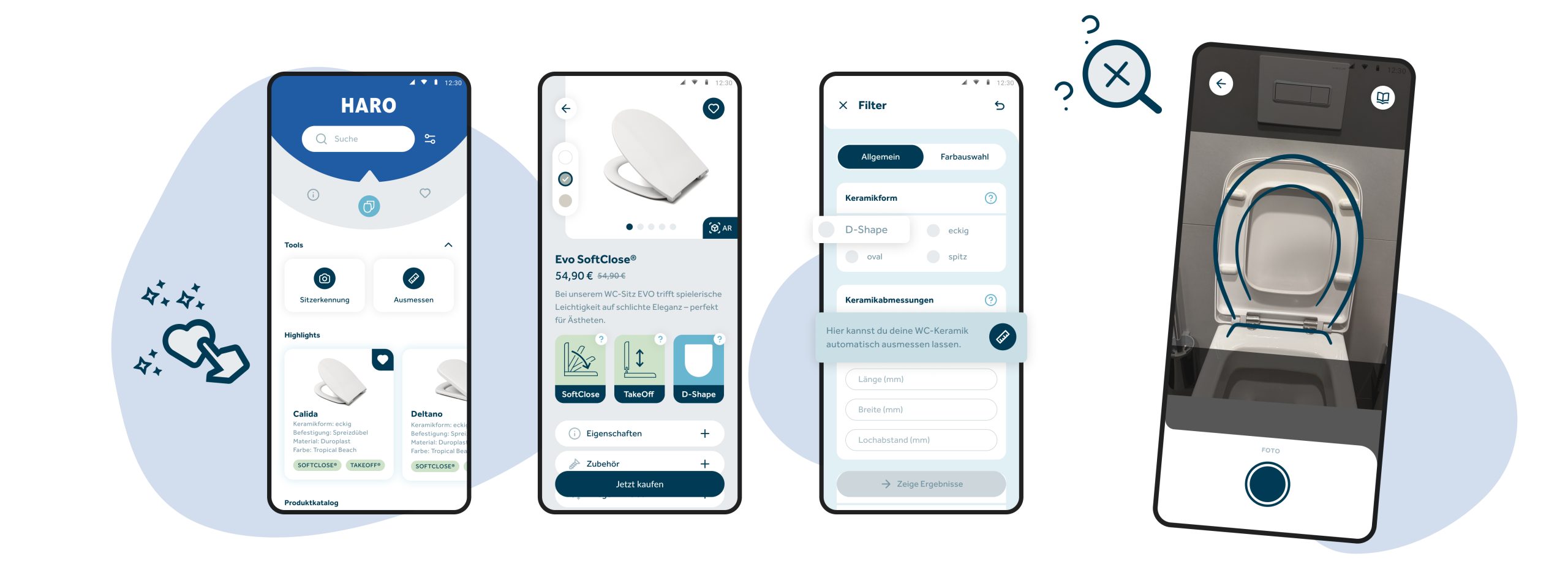 Vier Smartphone-Ansichten einer App für WC-Sitze. Die erste Ansicht zeigt die Startseite mit Tools zur Sitzform-Erkennung und Ausmessung sowie hervorgehobene Produkte. Die zweite Ansicht zeigt die Produktdetailseite des WC-Sitzes 'Evo SoftClose' mit Beschreibung und Funktionen. Die dritte Ansicht zeigt einen Filter für die Auswahl der Keramikform und -größe. Die vierte Ansicht zeigt eine Kameraansicht, in der die WC-Sitzform automatisch ausgemessen wird.