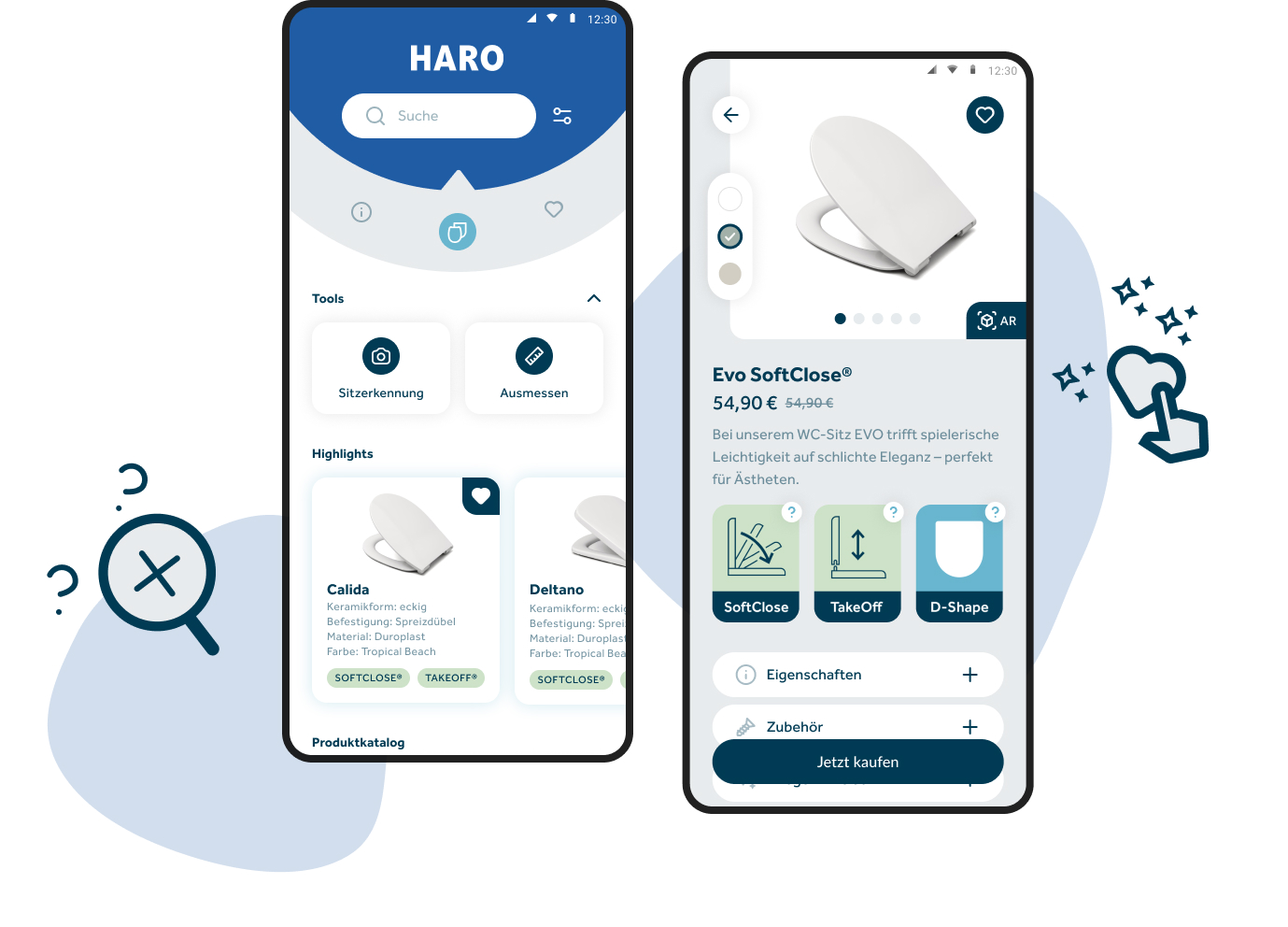 Zwei Smartphone-Ansichten einer Produktkatalog-App. Die erste Ansicht zeigt die Startseite der App mit einer Suchleiste, Tools zur Sitzform-Erkennung und Ausmessung, sowie hervorgehobene Produkte wie den WC-Sitz 'Calida'. Die zweite Ansicht zeigt die Produktdetailseite des WC-Sitzes 'Evo SoftClose', mit einem Preis, einer Beschreibung und Funktionen wie SoftClose, TakeOff und D-Shape. Es gibt außerdem Optionen für Zubehör und eine Schaltfläche zum Kauf des Produkts.