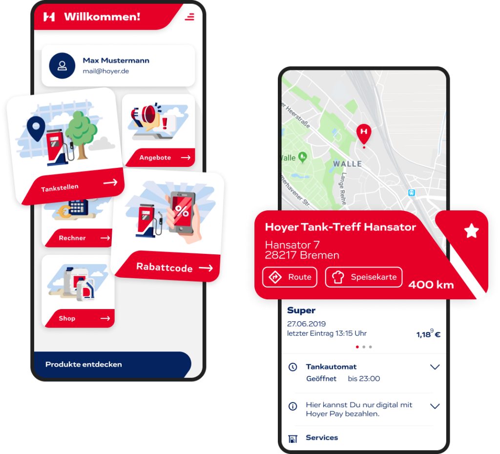 Zwei Bildschirme einer Smartphone-App von Hoyer. Der linke Bildschirm zeigt einen Willkommensbildschirm mit Kategorien wie 'Tankstellen', 'Angebote', 'Rechner', 'Rabattcode' und 'Shop' in Kacheln. Der rechte Bildschirm zeigt eine Karte mit dem Standort 'Hoyer Tank-Treff Hansator' in Bremen, inklusive einer Schaltfläche für die Routenplanung und der Entfernung von 400 km. Weitere Informationen zur Tankstelle, wie Öffnungszeiten und Kraftstoffpreise, sind ebenfalls sichtbar.