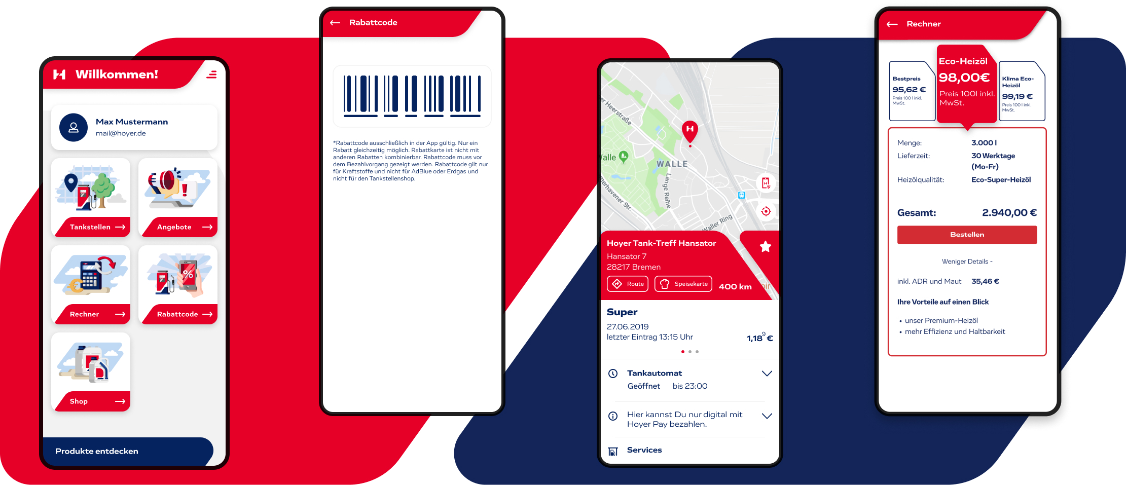 Vier Smartphone-Ansichten einer Tankstellen-App. Die erste Ansicht zeigt das Hauptmenü mit Optionen wie Tankstellen, Angebote, Rechner und Rabattcode. Die zweite Ansicht zeigt einen Barcode als Rabattcode. Die dritte Ansicht zeigt eine Karte mit einer markierten Tankstelle und Details wie Kraftstoffpreis und Öffnungszeiten. Die vierte Ansicht zeigt einen Preisrechner für Heizöl mit verschiedenen Preisoptionen und einer Bestellübersicht.