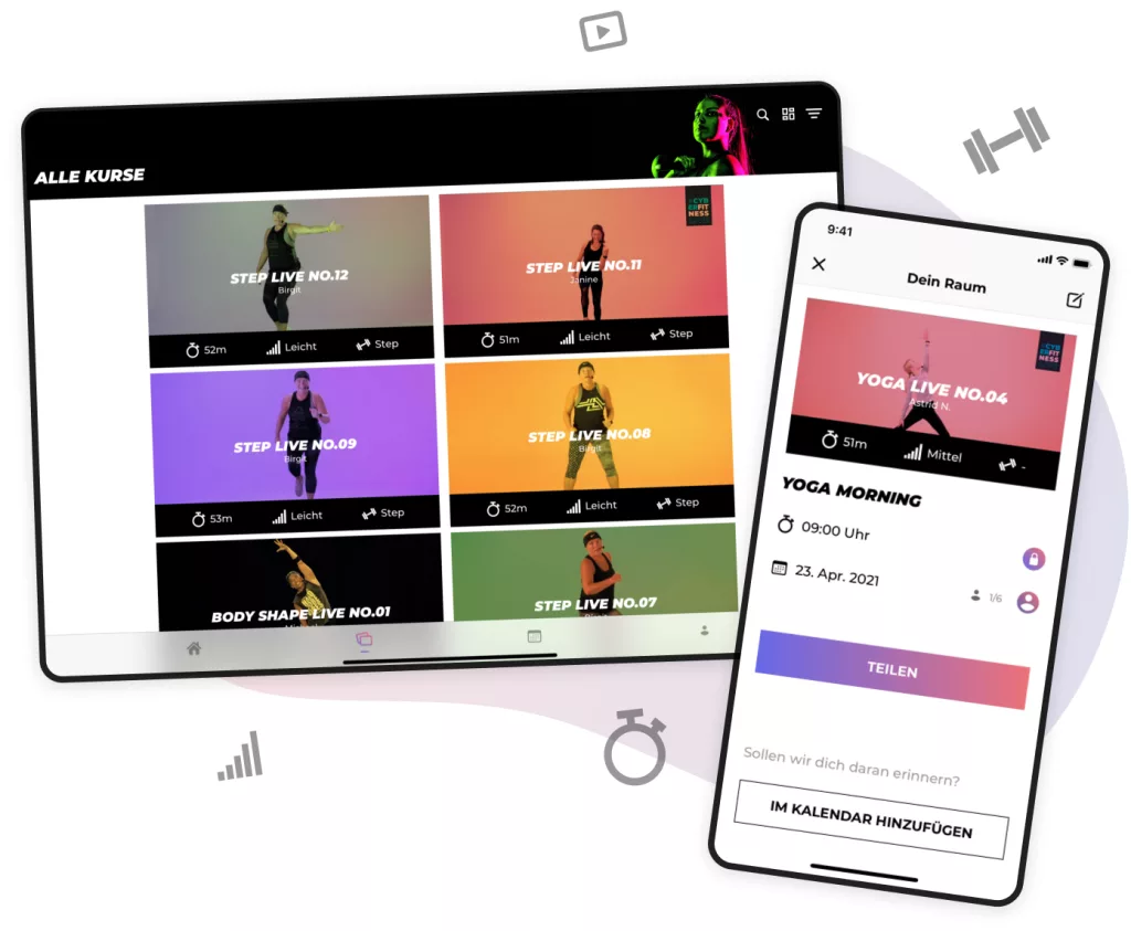 Tablet- und Smartphone-Ansichten einer Cyberfitness-App. Die Tablet-Ansicht zeigt eine Übersicht verschiedener Live-Fitnesskurse, wie 'Step Live No.12' und 'Body Shape Live No.01', mit Angaben zur Dauer, Schwierigkeitsgrad und Kursart. Die Smartphone-Ansicht zeigt Details zu einem 'Yoga Live No.04'-Kurs mit der Möglichkeit, den Kurs zu teilen oder in den Kalender hinzuzufügen. Symbole für Video und Fitness-Tools sind dekorativ um die Geräte platziert.