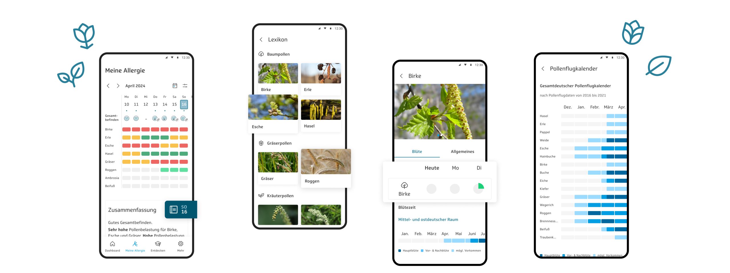 Vier Smartphones zeigen verschiedene Funktionen der Allergie-App. Das erste Smartphone zeigt eine Kalenderansicht mit farbigen Indikatoren für den Pollenflug von verschiedenen Pflanzen wie Birke, Erle und Gräsern. Darunter ist eine Zusammenfassung der Pollenbelastung. Das zweite Smartphone zeigt ein Lexikon von Baum- und Gräserpollen, mit Bildern von Birke, Erle, Esche, Hasel, Gräsern und Roggen. Das dritte Smartphone zeigt detaillierte Informationen über die Blütezeit der Birke und die aktuelle Pollenbelastung. Das vierte Smartphone zeigt den Pollenflugkalender für verschiedene Pollenarten im Jahresverlauf.