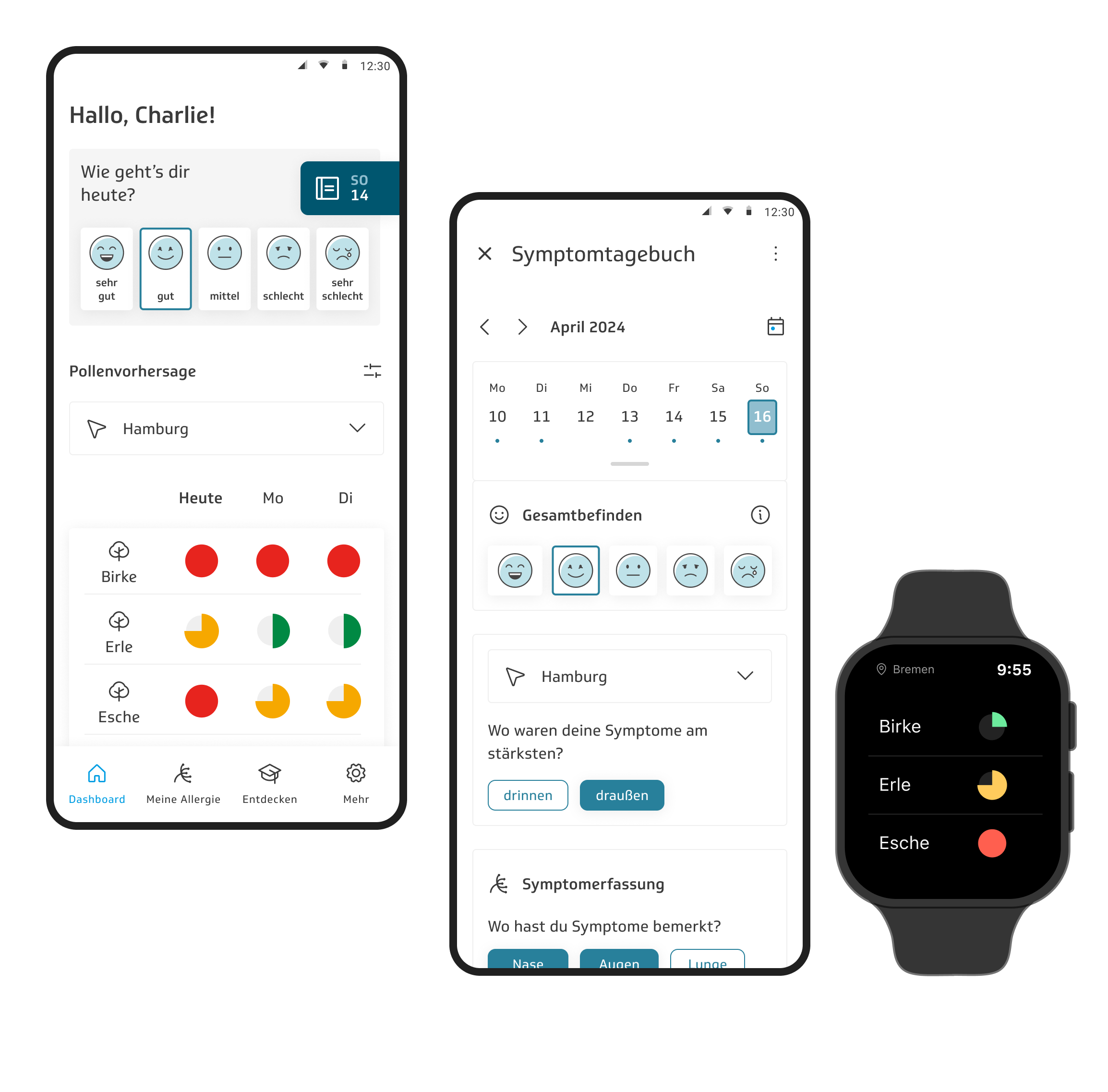 Die Benutzeroberfläche der App zeigt auf einem Smartphone und einer Smartwatch Informationen zur Allergieüberwachung. Links auf dem Smartphone kann der Benutzer angeben, wie es ihm heute geht (von sehr gut bis sehr schlecht), und die Pollenflugvorhersage für Hamburg wird darunter angezeigt, mit Farbcodes für Birke, Erle und Esche. In der Mitte zeigt die App ein Symptomtagebuch für den April 2024 mit einer Bewertung des Gesamtbefindens und weiteren Optionen zur Angabe der Symptome. Auf der rechten Seite zeigt die Smartwatch ebenfalls Polleninformationen für Birke, Erle und Esche, zusammen mit einer Uhrzeit.