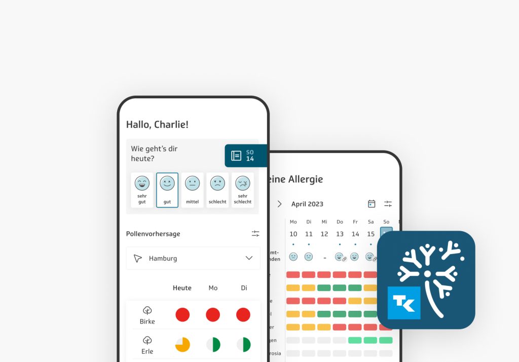 Die App zeigt auf zwei Bildschirmen Informationen zur Allergieüberwachung. Links kann der Benutzer sein aktuelles Befinden mit verschiedenen Emojis angeben (von sehr gut bis sehr schlecht), und darunter wird eine Pollenflugvorhersage für Hamburg angezeigt. Rechts ist ein Kalender zu sehen, der das Befinden des Nutzers in Bezug auf Allergien über den Monat April 2023 hinweg farblich darstellt, wobei die Intensität der Allergiesymptome pro Tag markiert ist.