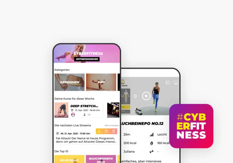 Zwei Smartphone-Ansichten einer Cyberfitness-App. Die linke Ansicht zeigt verschiedene Fitnesskategorien wie Abnehmen und BBP sowie anstehende Kurse, wie 'Deep Stretch' und Live-Streams. Die rechte Ansicht zeigt eine Detailansicht eines Kurses namens 'BauchBeinePo No.12' mit Informationen zur Dauer, Kalorienverbrauch und Schwierigkeitsgrad. Unten rechts ist das Cyberfitness-Logo mit dem Text '#CYBERFITNESS' zu sehen.