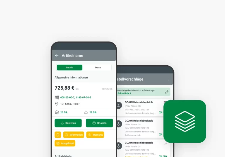 Zwei Smartphone-Ansichten einer Bestell- und Lagerverwaltung-App. Die linke Ansicht zeigt Details zu einem Artikel mit Preis, Lagerbestand und Optionen zum Bestellen oder Drucken. Verschiedene Statusinformationen wie 'Information', 'Warnung' und 'Ausgelistet' sind farblich markiert. Die rechte Ansicht zeigt Bestellvorschläge für ähnliche Artikel. Unten rechts befindet sich ein grünes Icon mit einem gestapelten Symbol, das das Logo der App darstellt.