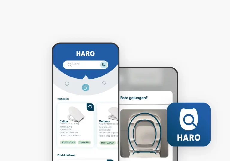 Eine Smartphone-Ansicht der HARO-App mit einem Suchfeld oben und Produkt-Highlights darunter. Zu sehen sind WC-Sitze der Modelle 'Calida' und 'Deltano' mit spezifischen Details wie Form und Material. Daneben eine Ansicht eines WC-Sitzes, der mit einem Fotoverarbeitungs-Tool vermessen wird. Das HARO-Logo ist rechts unten zu sehen.