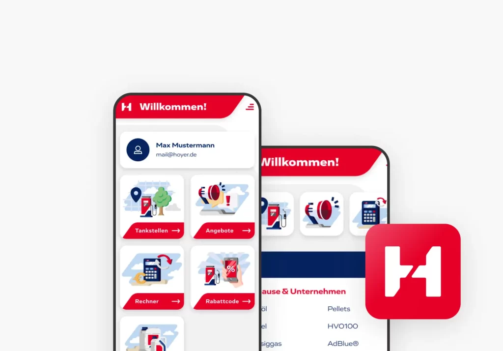 Eine Smartphone-Ansicht der Hoyer-App mit einem Willkommensbildschirm, der den Namen Max Mustermann und seine E-Mail-Adresse zeigt. Darunter sind mehrere Kategorien wie 'Tankstellen', 'Angebote', 'Rechner' und 'Rabattcode' in Kacheln dargestellt. Das Hoyer-Logo befindet sich rechts unten.