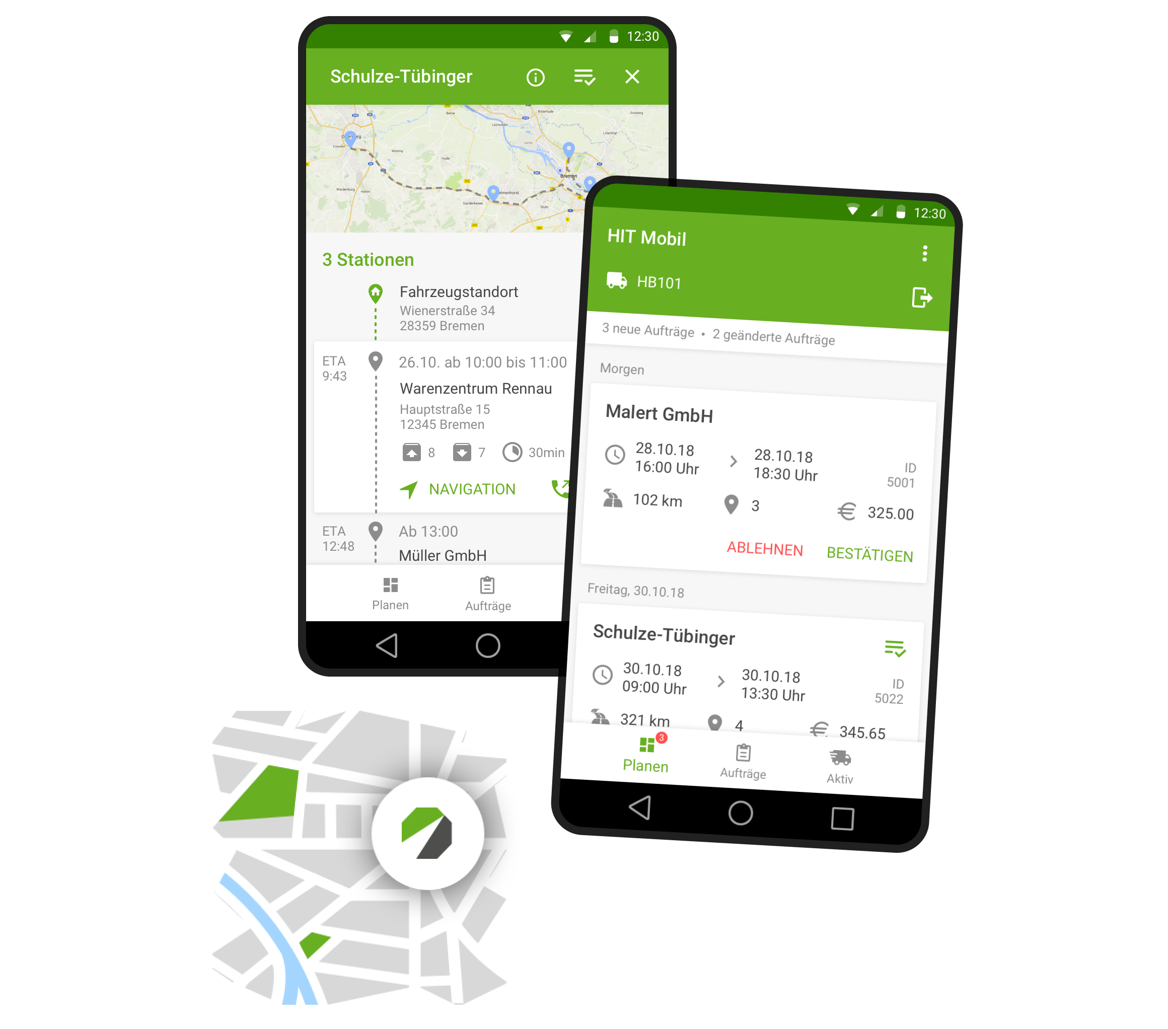 Zwei Smartphone-Ansichten einer App zur Auftrags- und Routenplanung. Die linke Ansicht zeigt eine Karte mit eingezeichneten Stationen und Informationen zu den geplanten Stopps, wie Adressen und voraussichtliche Ankunftszeiten. Die rechte Ansicht zeigt Details zu Aufträgen, darunter Informationen zu einem Auftrag von 'Malert GmbH' mit Datum, Uhrzeit, Entfernung und Kosten. Unterhalb der Smartphones ist ein Icon mit einem Kartensymbol dargestellt.
