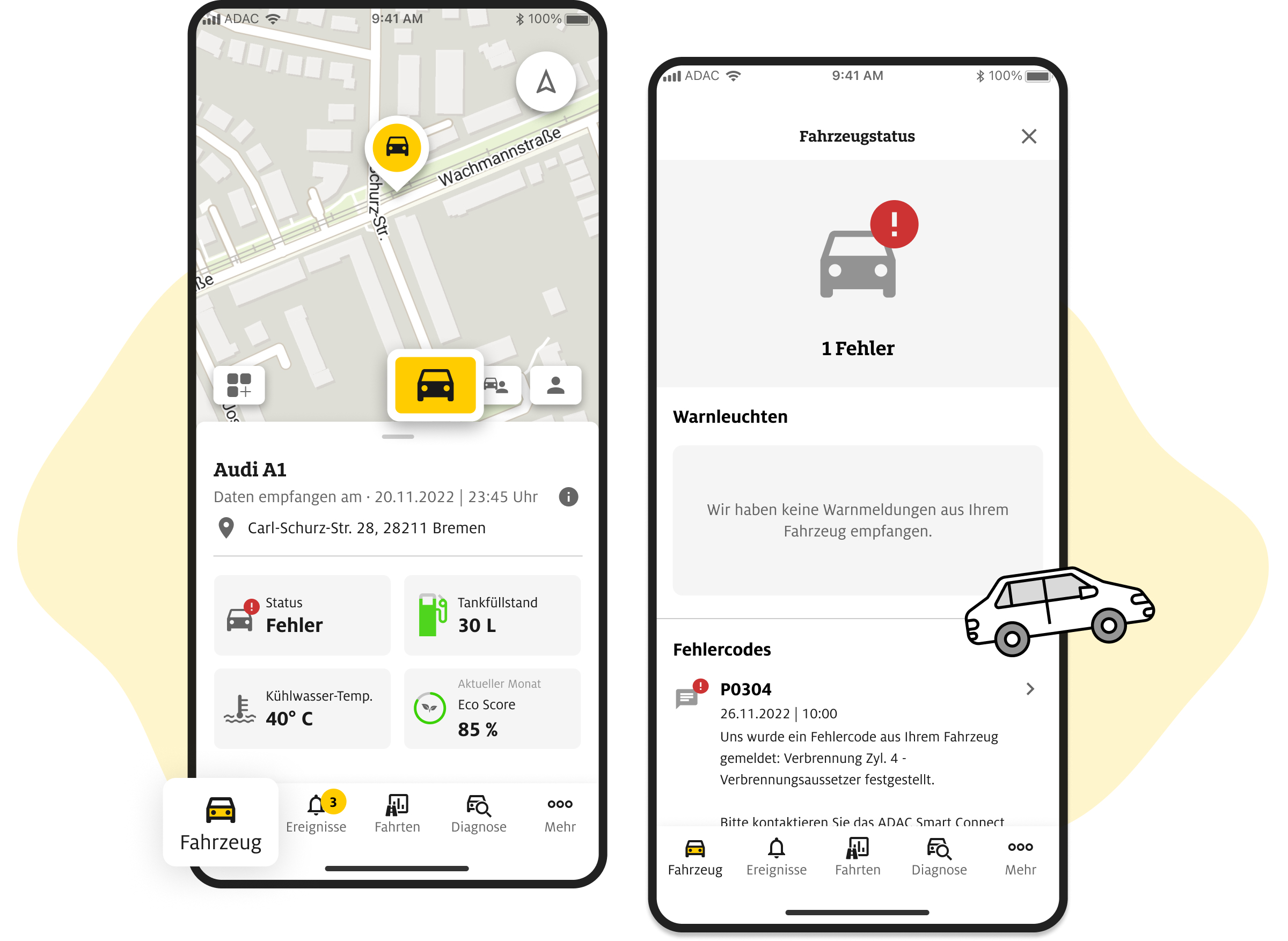 Zwei Smartphone-Ansichten der ADAC Smart Connect App. Die linke Ansicht zeigt eine Karte mit dem Standort eines Audi A1 und Fahrzeuginformationen wie Fehlerstatus, Tankfüllstand und Kühlwasser-Temperatur. Die rechte Ansicht zeigt den Fahrzeugstatus mit einer Fehlermeldung, einschließlich eines Fehlercodes (P0304) und der Information über einen Verbrennungsaussetzer im Zylinder 4. Unten rechts ist eine stilisierte Grafik eines Autos zu sehen.