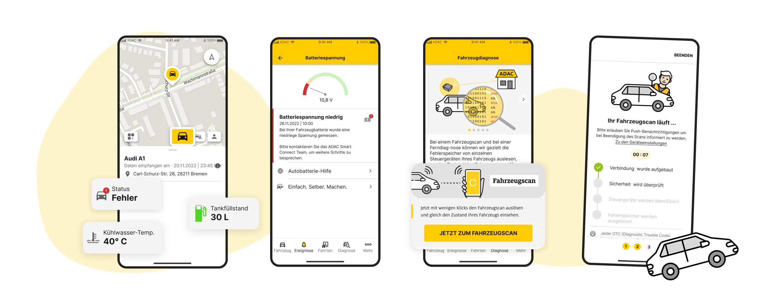 Vier Smartphone-Ansichten der ADAC Smart Connect App. Die erste Ansicht zeigt den Standort eines Audi A1 auf einer Karte sowie Fahrzeuginformationen wie Fehlerstatus, Tankfüllstand und Kühlwassertemperatur. Die zweite Ansicht zeigt eine Warnung über eine niedrige Batteriespannung. Die dritte Ansicht zeigt eine Illustration zur Fahrzeugdiagnose und die Option, einen Fahrzeugscan durchzuführen. Die vierte Ansicht zeigt den Fortschritt eines laufenden Fahrzeugscans mit einer Checkliste der durchgeführten Schritte.