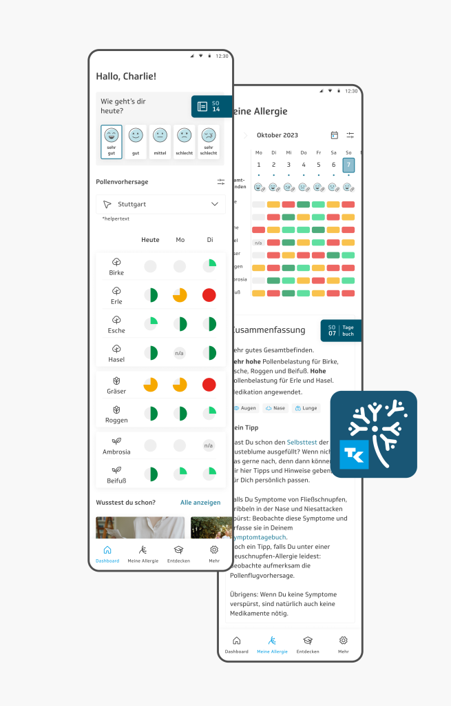 Zwei Smartphone-Screens mit einer Gesundheits-App: links eine Übersicht zu Symptomen wie Husten und Schnupfen, rechts ein Kalender zur Allergie-Dokumentation mit farblich markierten Tagen und Zusammenfassung.